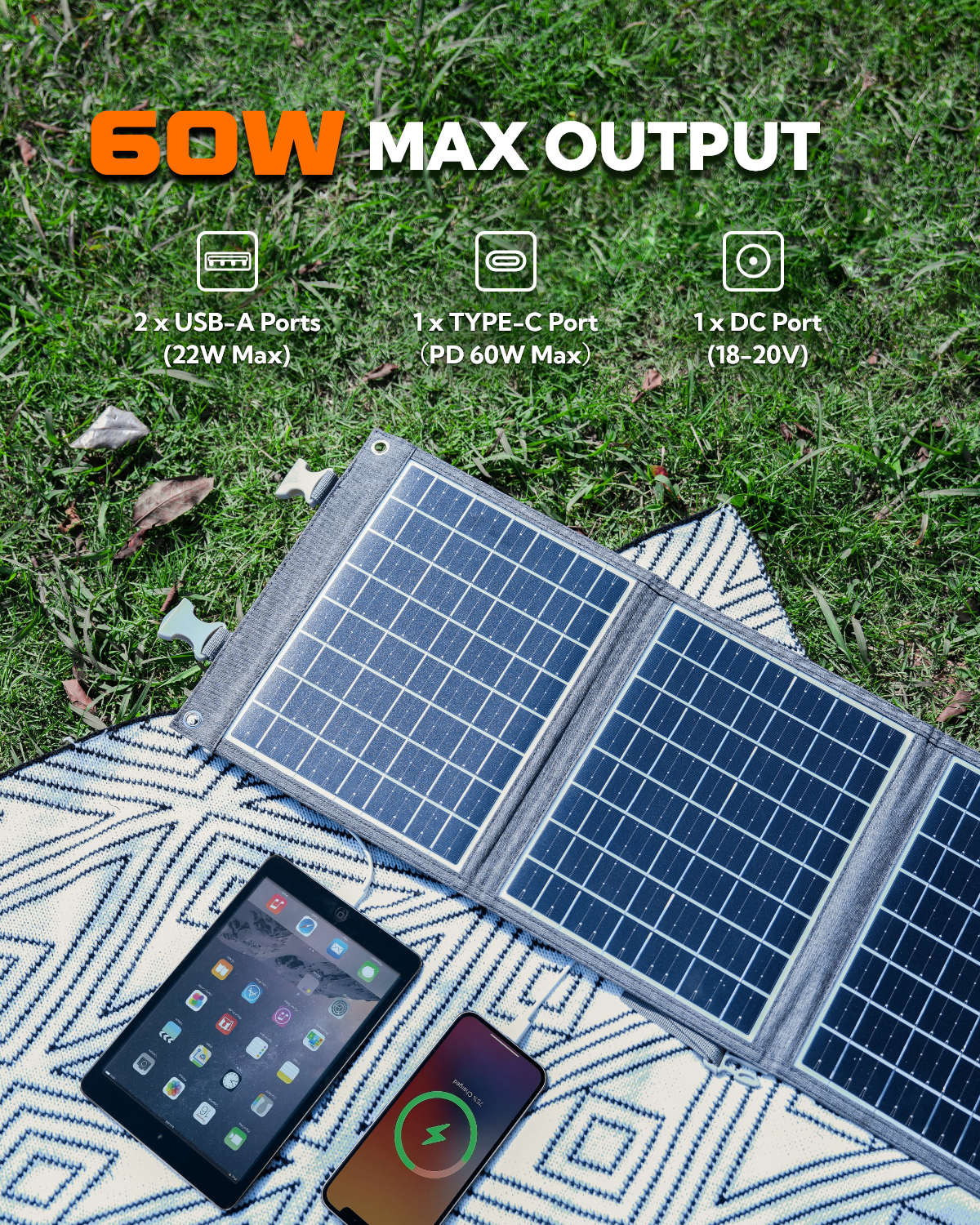 LUMOPAL 60W Foldable Portable Waterproof Solar Panel - Gray